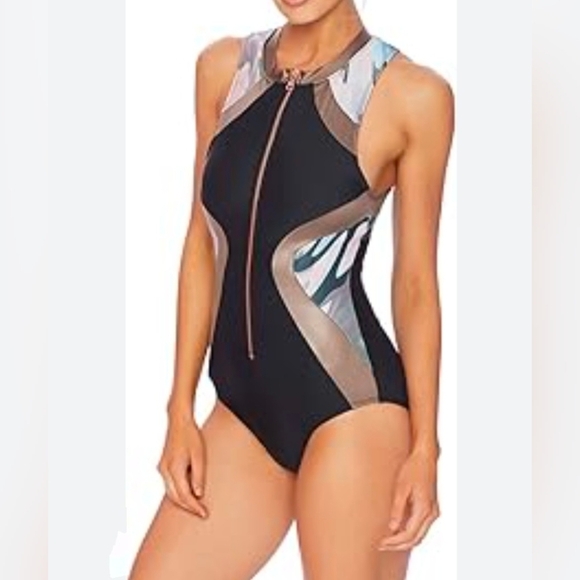NWOT Next Womens (Medium) Front Zip Black & Metallic Racerback Bathing/Swim Suit - Picture 16 of 16